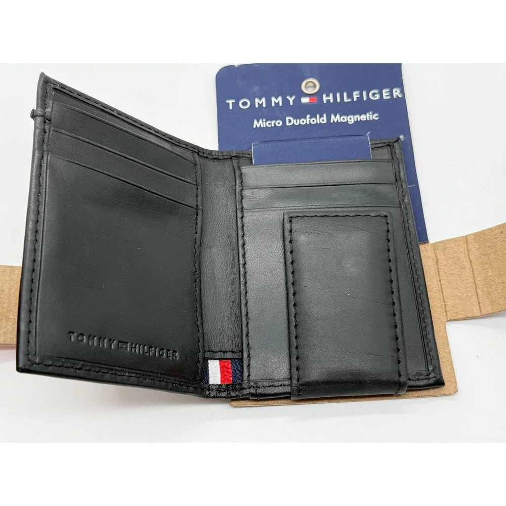 Tommy Hilfiger Mens Micro Duofold Magnetic Wallet Black Leather RFID Slim New